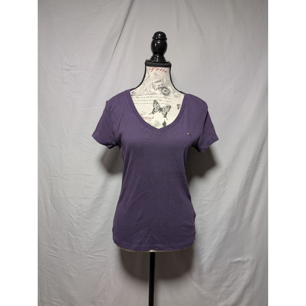 Tommy‎ Hilfiger Purple Classic V-Neck Cotton T-Shirt Logo Top Women's Large